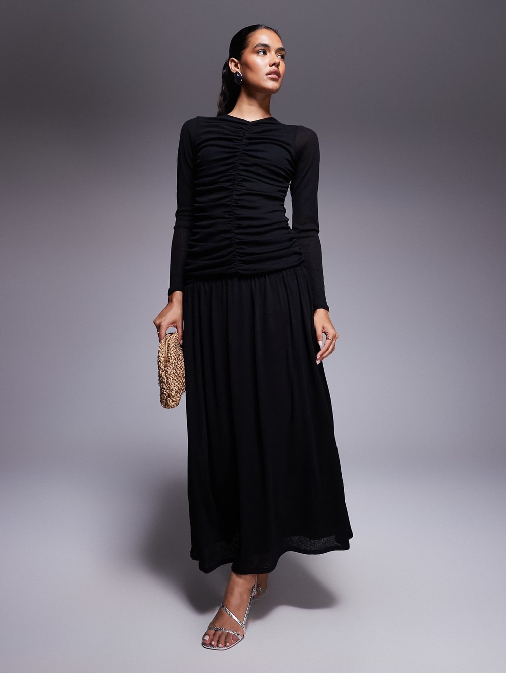 ASOS Black Long Sleeve Ruched Maxi Dress